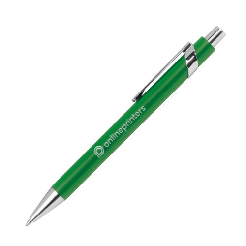 Groene metalen balpen met patroon, clip en drukmechanisme.