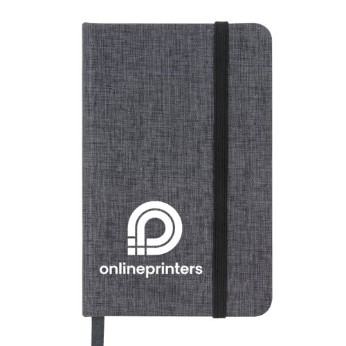 Grijs notitieboek met elastische bandsluiting en leeslint.
