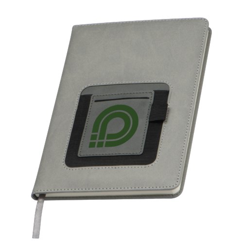 Grijs notitieboek met insteekvak en elastische band.