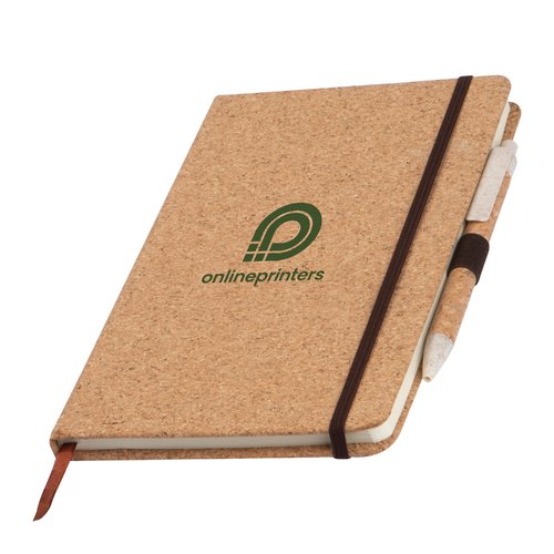 Kurken notitieboek met elastiek en penhouder.