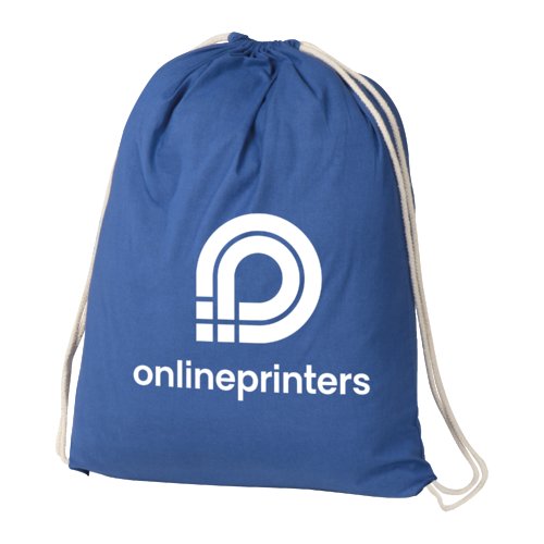 Blauwe katoenen gymtas met trekkoord.