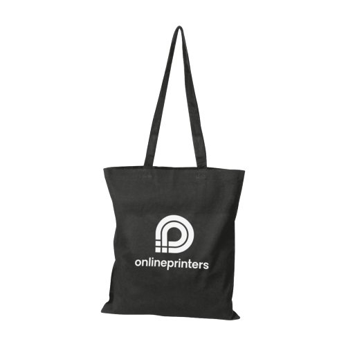Zwarte katoenen tas met lange handvatten.