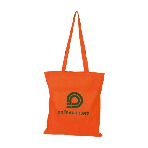 Oranje katoenen tas met lange hengsels.