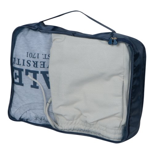 Donkerblauwe textiel reisset, 4-delig, met ritssluiting en handgreep.