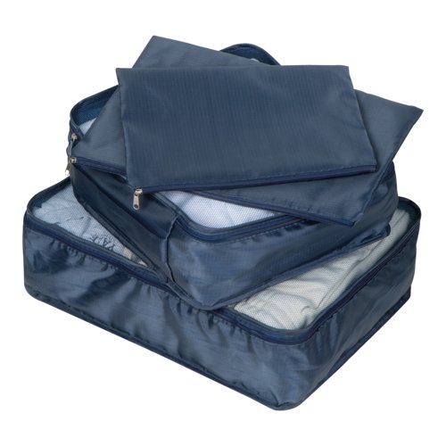 Donkerblauwe textiel reisset, 4-delig, met ritsen.