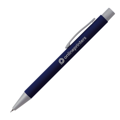 Donkerblauw vulpotlood met clip en drukmechanisme.