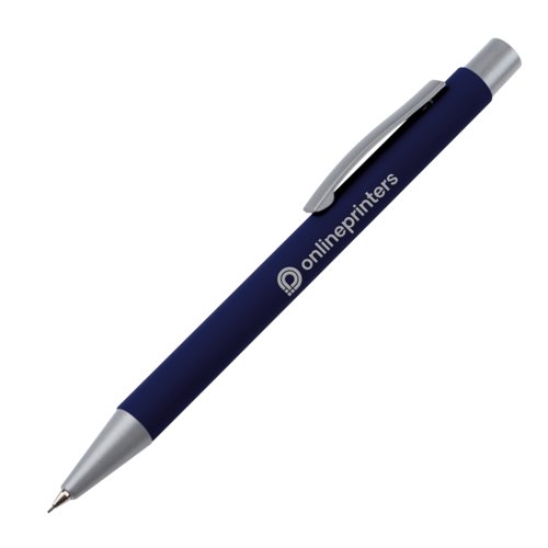 Donkerblauw kunststof vulpotlood met clip.