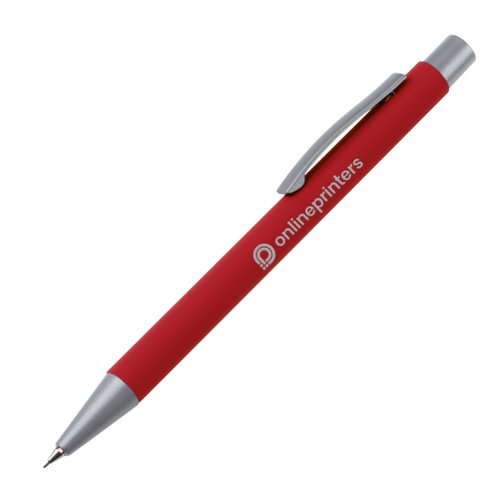 Rood kleurpotlood met clip en mechanisme.