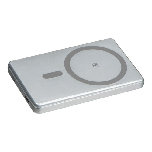 Grijze powerbank met laadfunctie en USB-poort.