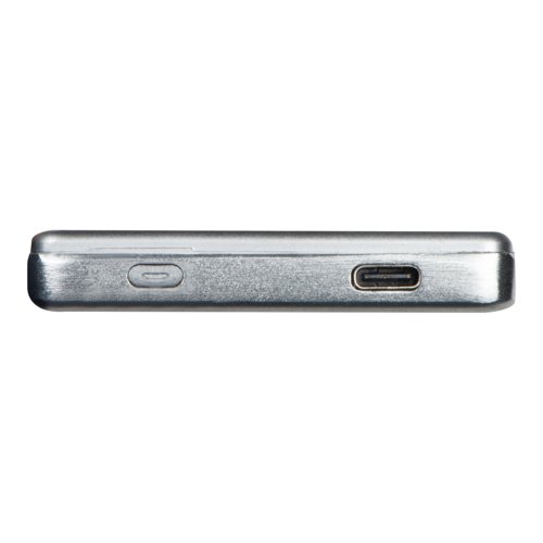 Grijze powerbank met 5.000 mAh capaciteit en USB-poort.
