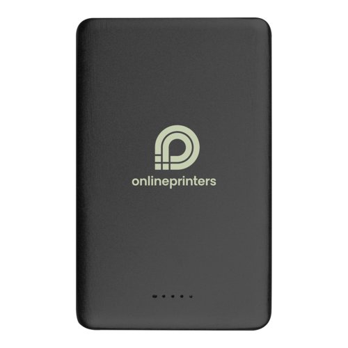 Zwarte powerbank met 5.000 mAh capaciteit.