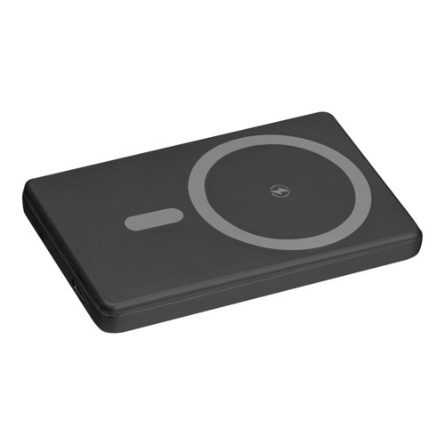 Zwarte powerbank met een capaciteit van 5.000 mAh.