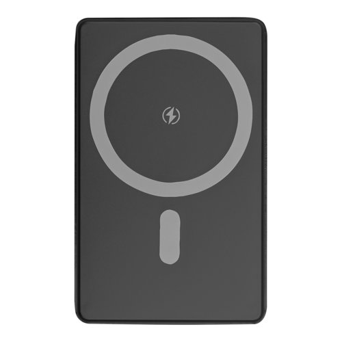 Zwarte powerbank met een vermogen van 5.000 mAh.