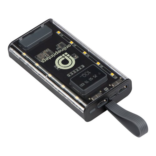 Transparante powerbank met USB-poorten en draagriem.