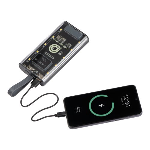 Transparante powerbank met USB-poort en laadniveau-indicator.