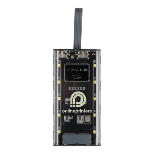 Transparante powerbank met batterij-indicator en USB-poorten.