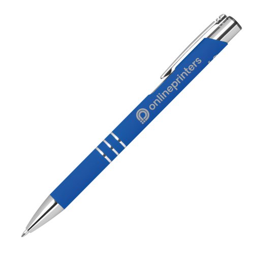 Blauwe gelpen met clip en drukknopmechanisme.