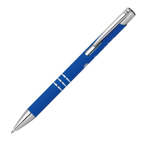 Blauwe gelpen met clip en drukknop.