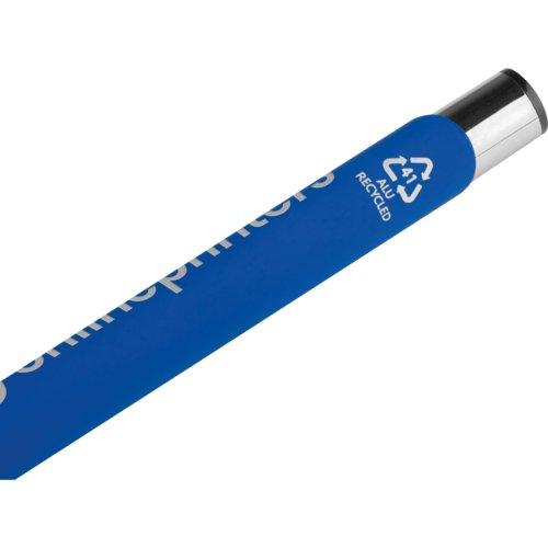 Blauwe gelpen met metalen elementen en patroon.