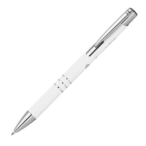 Witte plastic gelpen met metalen elementen en clip.