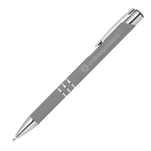 Antracietkleurige gelpen met clip en drukknop.