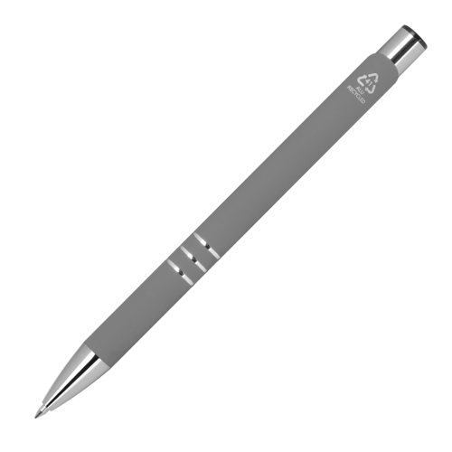Antracietkleurige gelpen met metalen accenten en drukknop.