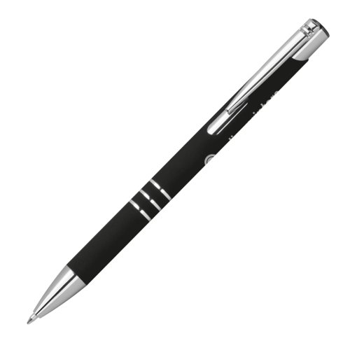Zwarte gelpen met patroon, clip en drukmechanisme.