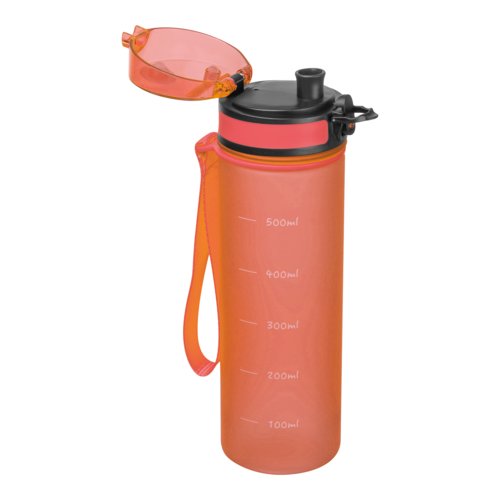 Oranje Tritan drinkfles met schroefdop en draagriem.