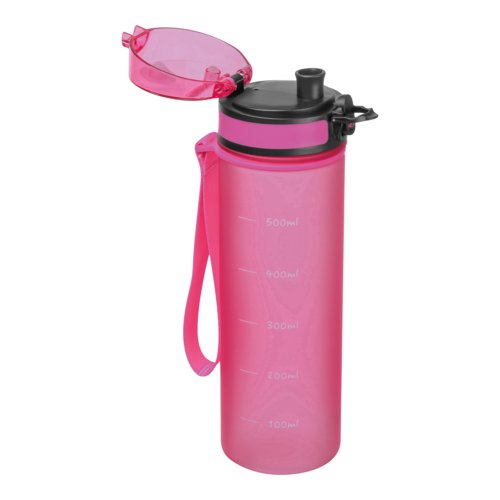 Roze Tritan drinkfles met draagriem en sluiting.