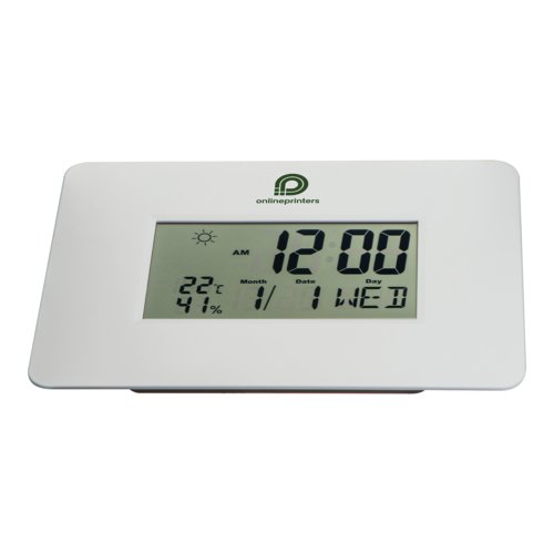Witte bureauklok met digitale display.