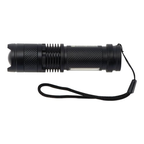 Zwarte oplaadbare metalen zaklamp met polsband.