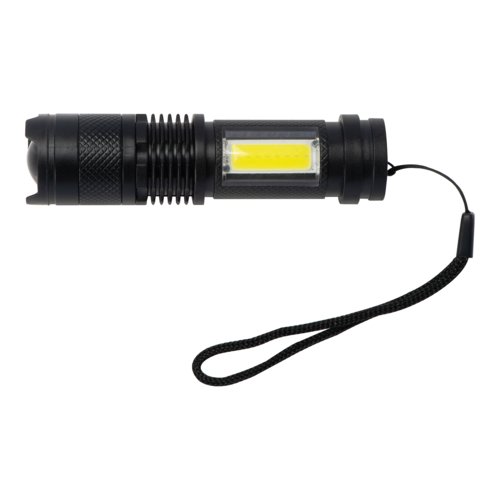 Zwarte oplaadbare zaklamp met polsband.
