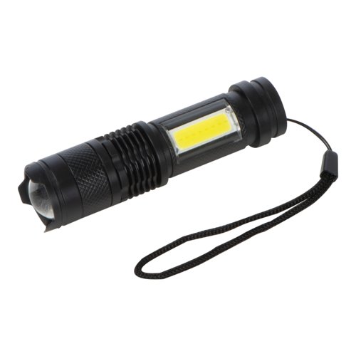 Zwarte, oplaadbare zaklamp met polsband.