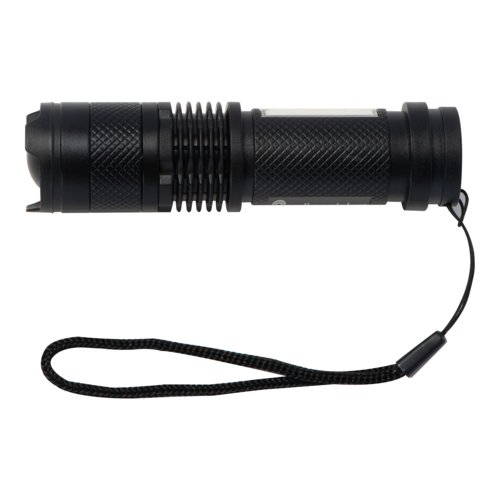 Zwarte oplaadbare zaklamp met polsband.