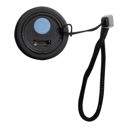 Zwarte, oplaadbare zaklamp met polsband.
