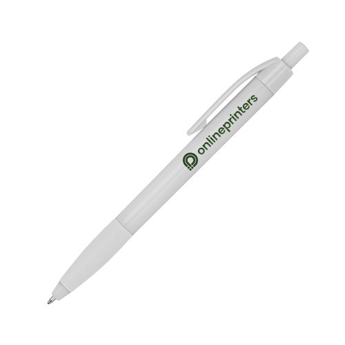 Witte plastic balpen met clip en drukknop.
