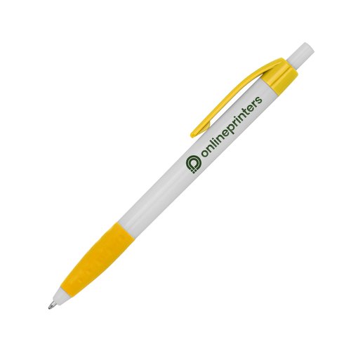Gele plastic balpen met clip en drukknop.