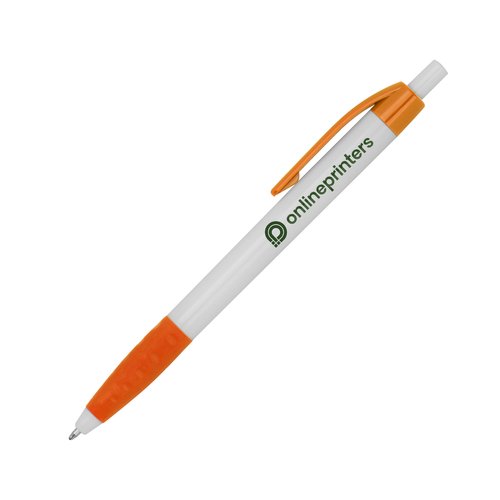 Oranje plastic balpen met clip en drukknop.
