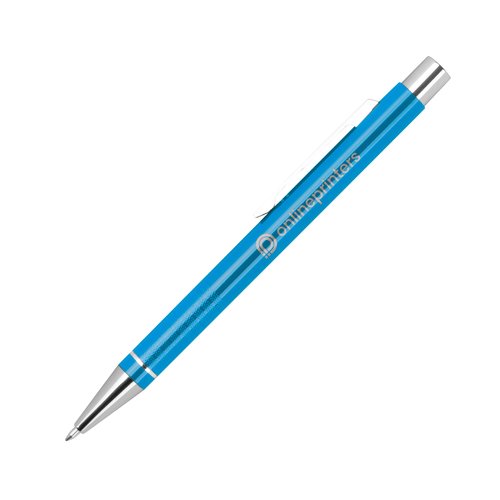 Turquoise gelpen met clip en drukmechanisme.