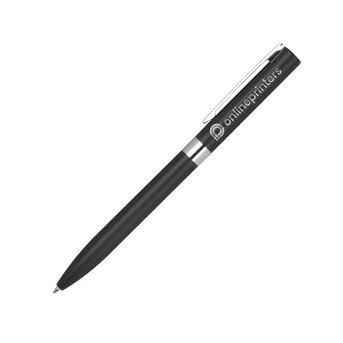 Zwarte gelpen met metalen elementen en dop.
