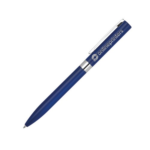 Donkerblauwe gelpen met clip en drukmechanisme.