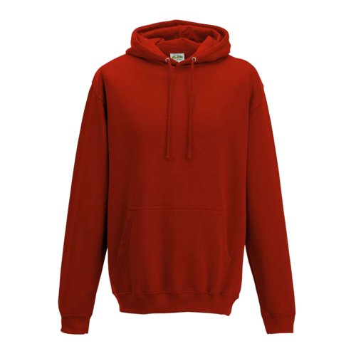 Rode katoen-polyester hoodie met kangoeroezak en capuchon.