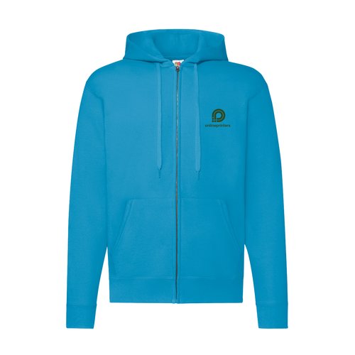 Azuurblauwe sweater met capuchon van katoenmix met ritssluiting.