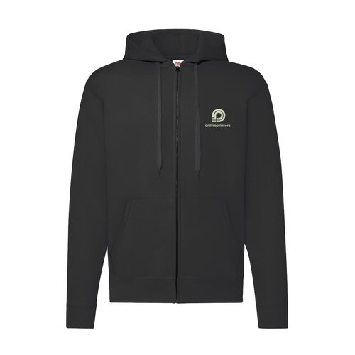 Zwart katoenmix sweatshirt jack met capuchon en volledige ritssluiting.