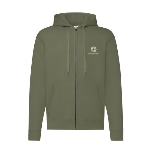 Groen katoenen jack met capuchon en volledige ritssluiting.