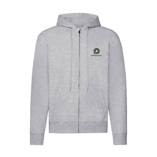 Grijs gemleerd katoenmix heren hooded jacket met volledige ritssluiting.