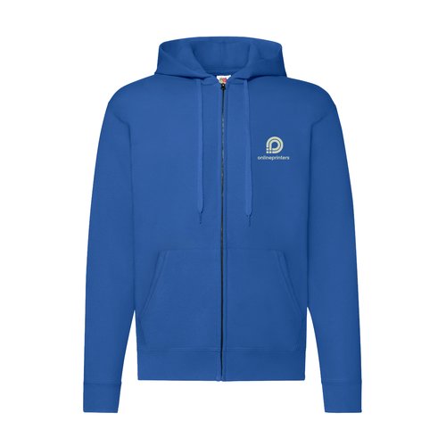 Koningsblauwe sweaterjas van katoen en polyester met capuchon en volledige ritssluiting.