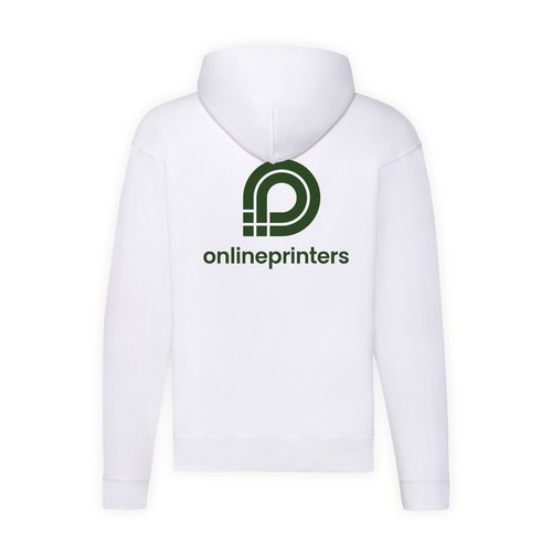 Wit katoenmix heren vest met capuchon en volledige ritssluiting.