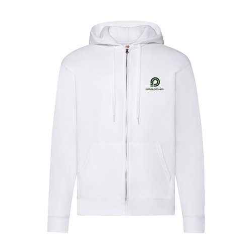 Wit katoen-polyester herenhoodie met volledige ritssluiting.