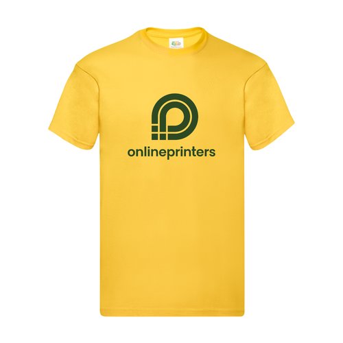 Geel katoenen heren-T-shirt met korte mouwen.